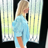 Hannah Ruffle Vneck Stripe in Aqua
