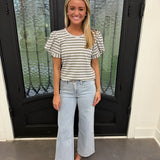 Tristan Rond Neck Stripe Puff Sleeve Top in Blue