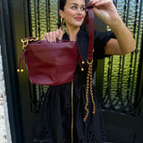 Gold Chain Bucket Purse in Burgundy