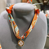 Scarf Necklace with Opal Clover Charm in Orange