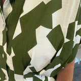 Short Sleeve Green & Ivory Midi Dress