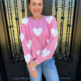 Fuzzy Heart Crewneck Sweater in Pink