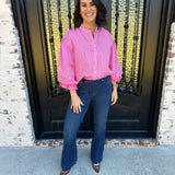 Rowan Pinstripe Voluminous Bubble Sleeve Top in Pink