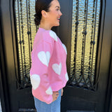 Fuzzy Heart Crewneck Sweater in Pink
