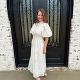 Lacey Pleated Waist Half Front Button Up Eyelet Maxi