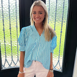 Hannah Ruffle Vneck Stripe in Aqua