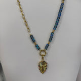 Beaded & Gold Multi Color Heart Necklace in Iridescent Blue