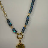 Beaded & Gold Multi Color Heart Necklace in Iridescent Blue