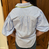 Karlie Poplin Stripe Ric-Rac Trim Button Up Top in Blue and white