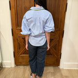 Karlie Poplin Stripe Ric-Rac Trim Button Up Top in Blue and white