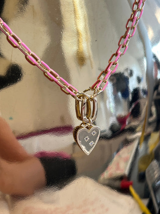 Pink Enamel Necklace with Heart Charm Pendant