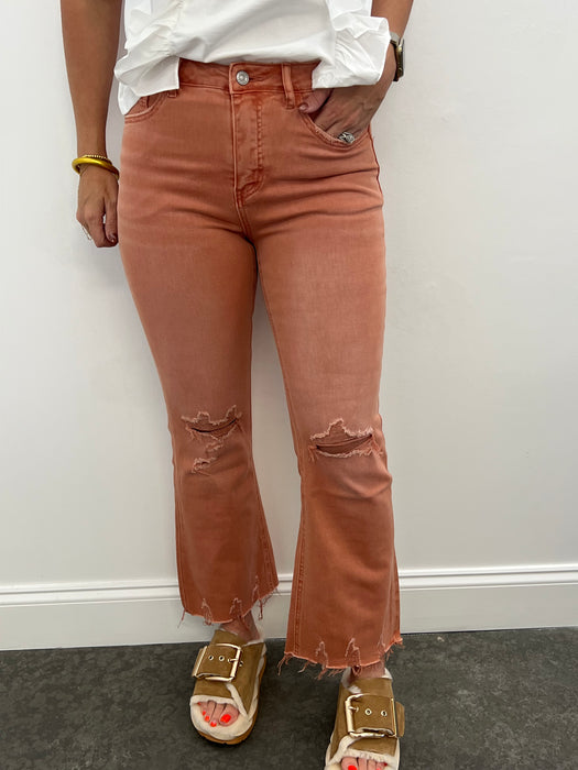 Emily Bayeas Orange Distressed High-Rise Jeans