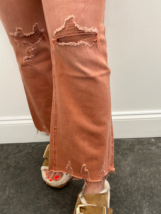 Emily Bayeas Orange Distressed High-Rise Jeans