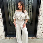 cute off the shoulder beaded smocked top paired with matching linen pants
