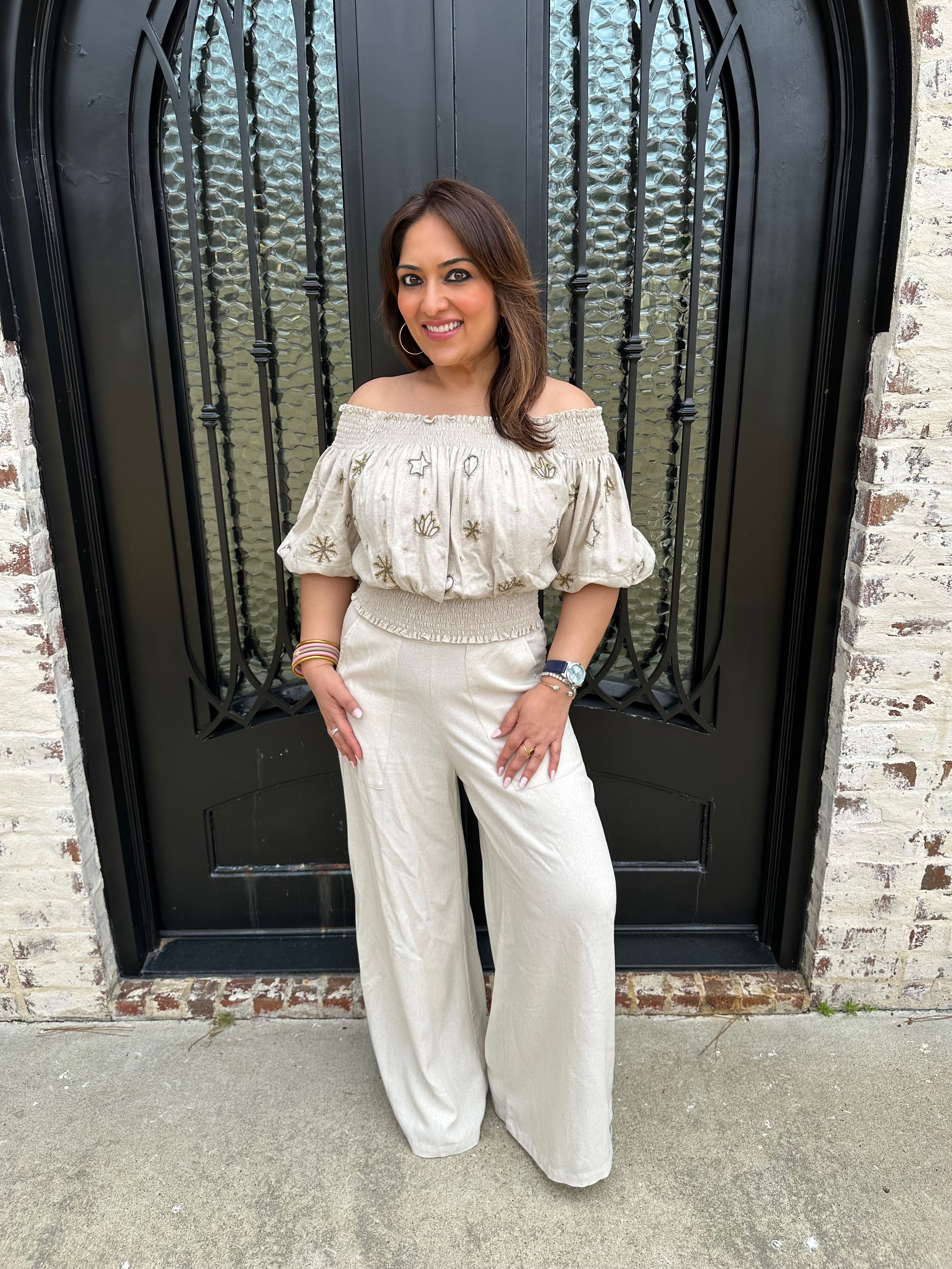 cute off the shoulder beaded smocked top paired with matching linen pants