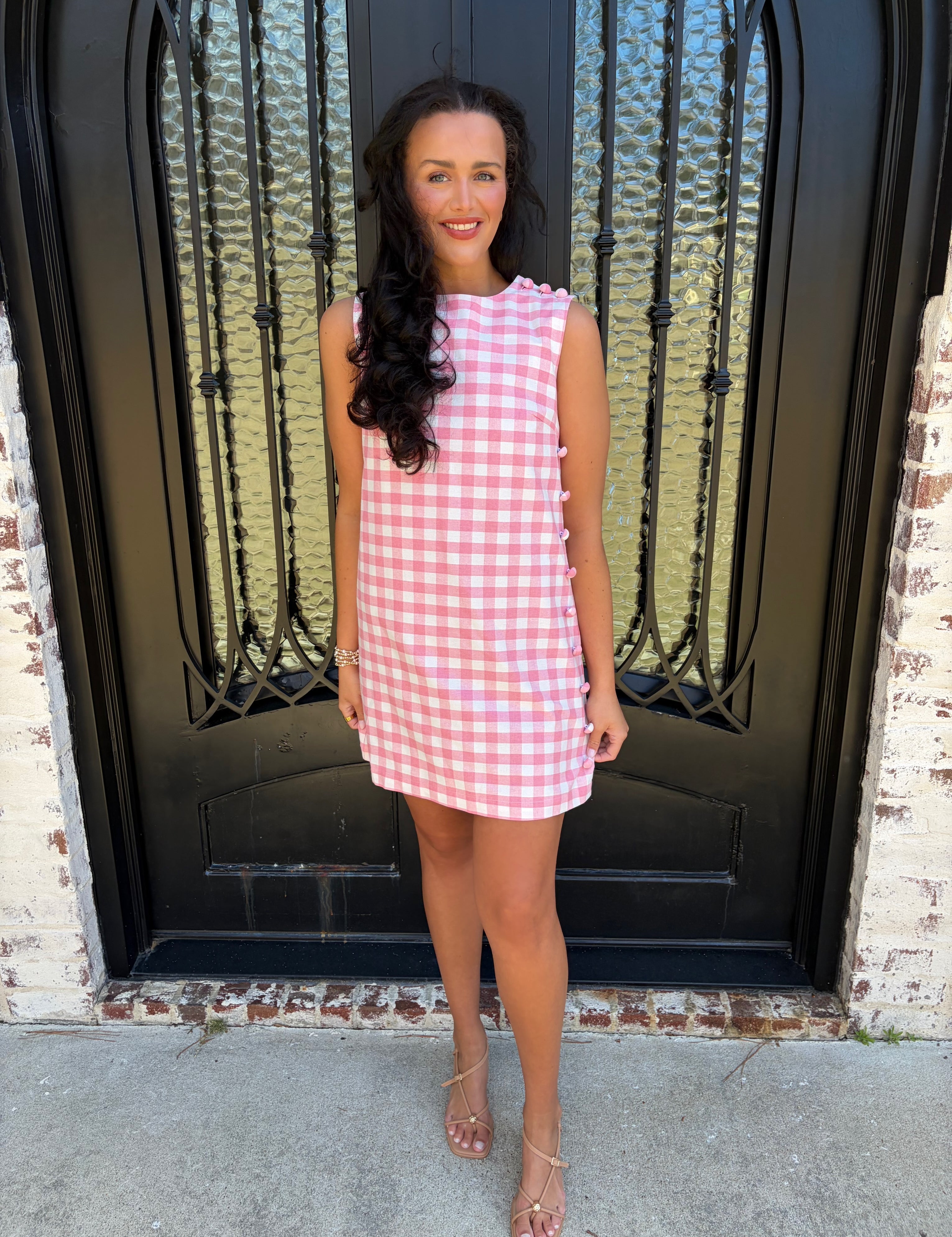 pink gingham mini dress with button details 