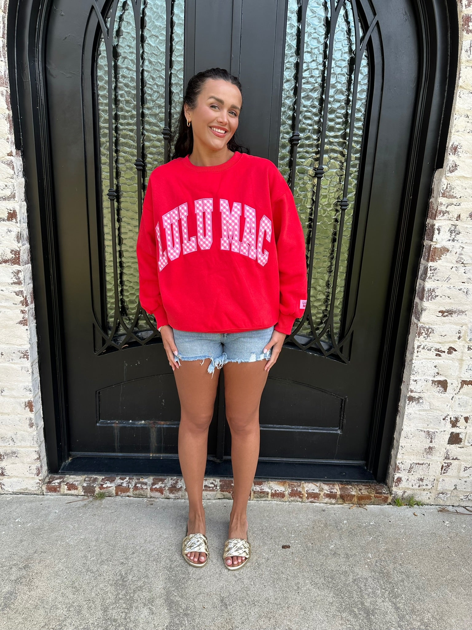 Red LuLu Mac Sweatshirt with pink gingham letters 