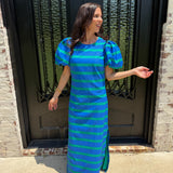 Margo Puff Sleeve Blue/Green Stripe Maxi