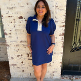 Cute Navy Mini dress with puff sleeves and half zip design 