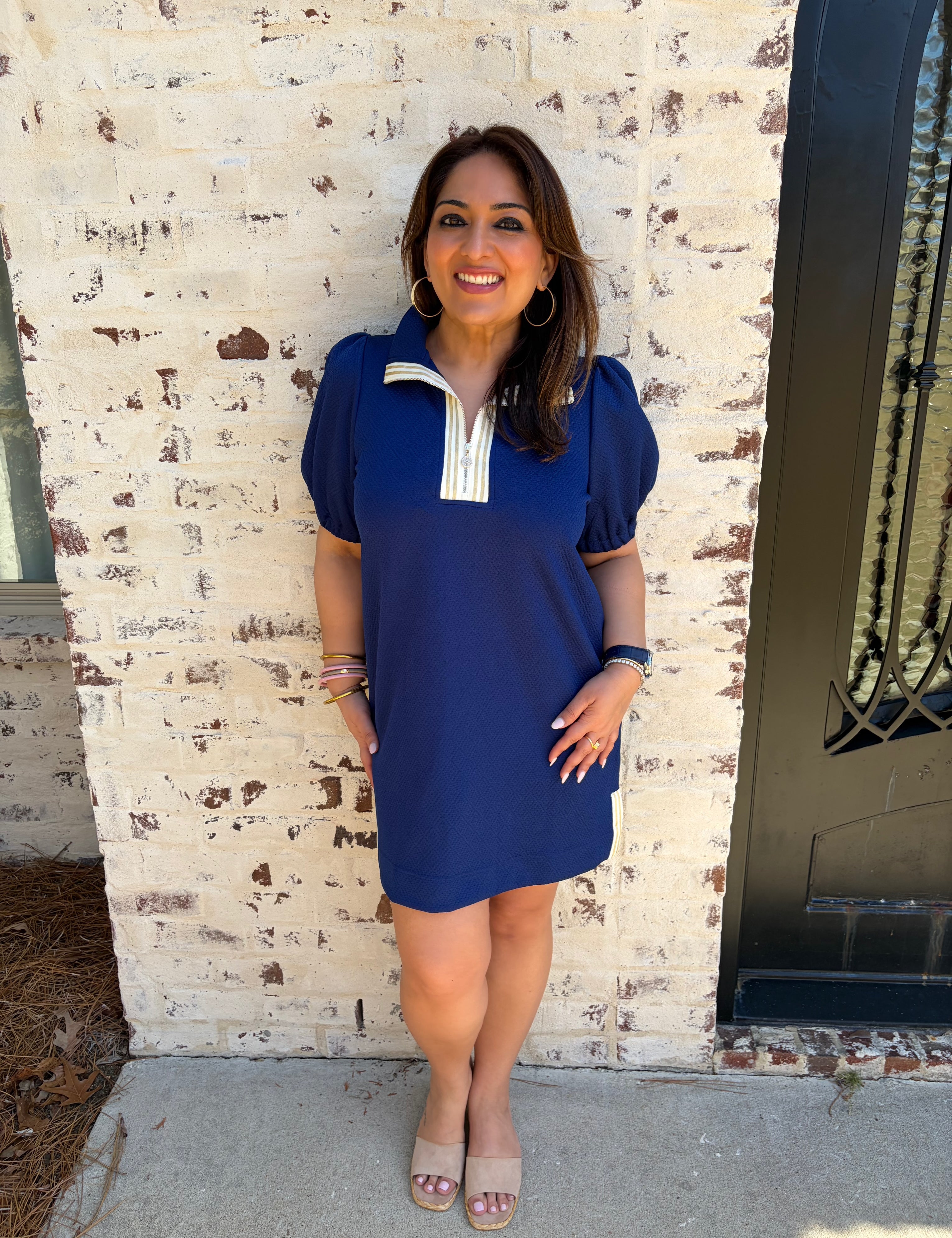 Cute Navy Mini dress with puff sleeves and half zip design 