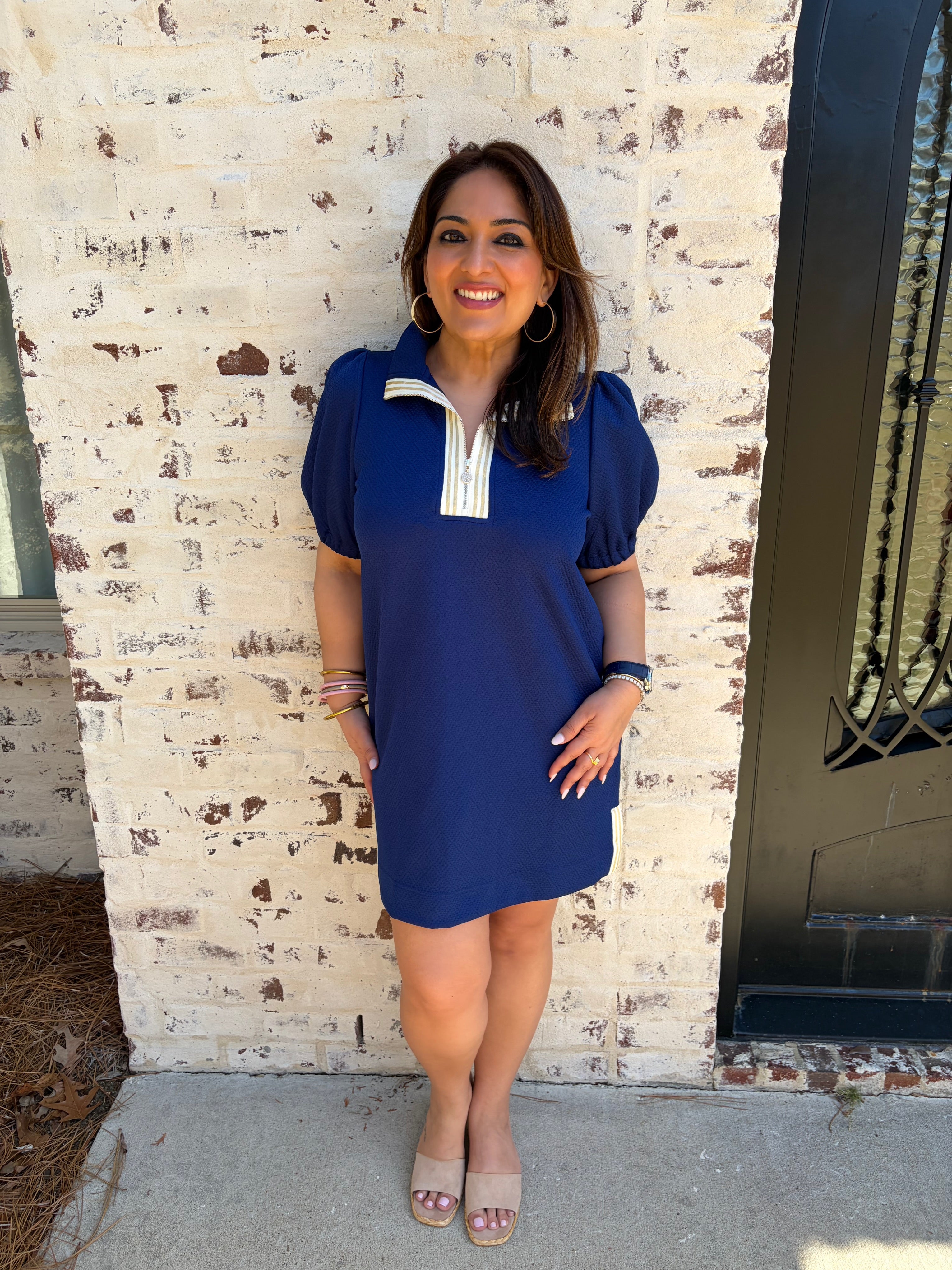 Cute Navy Mini dress with puff sleeves and half zip design 