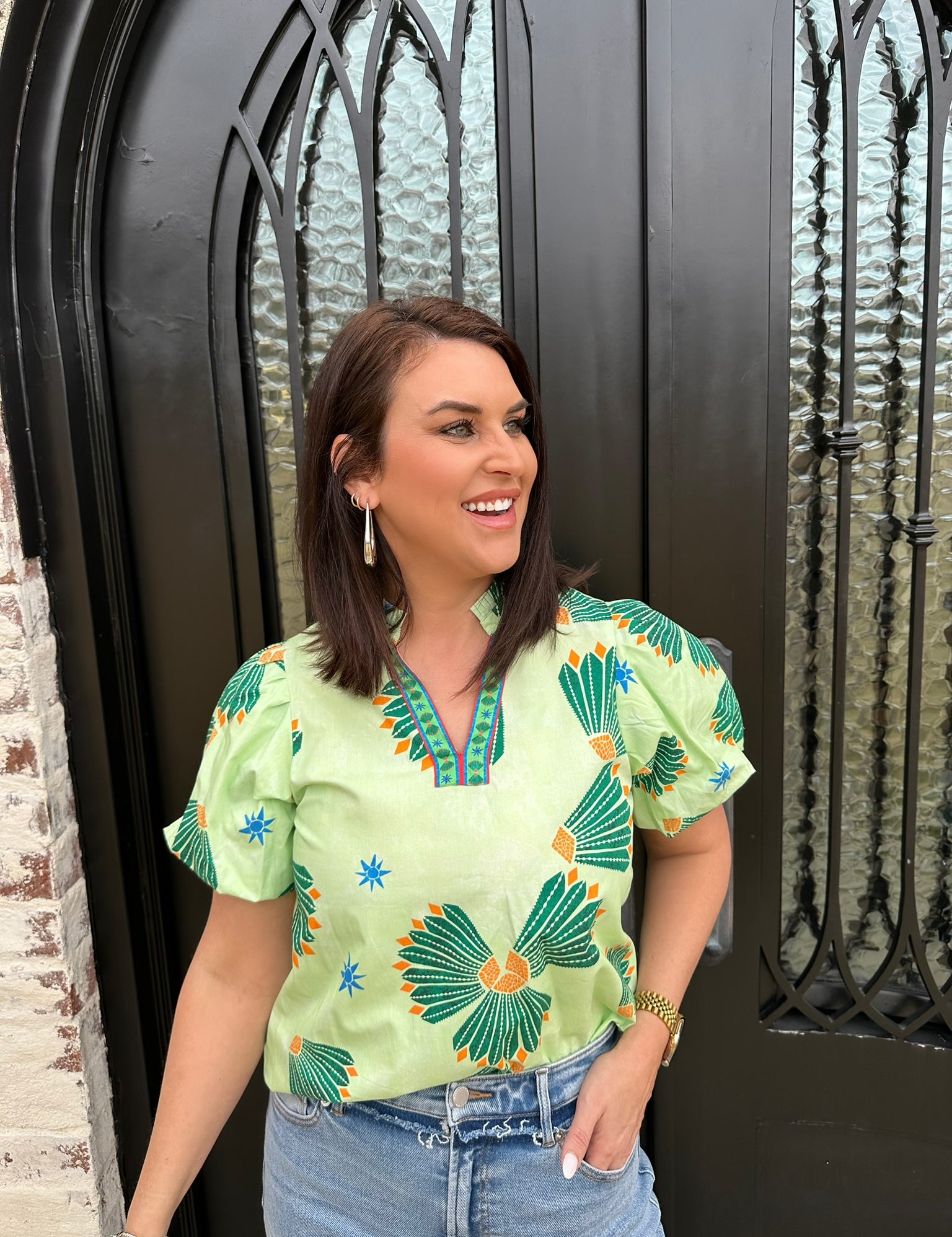 Green floral blouse with shells 