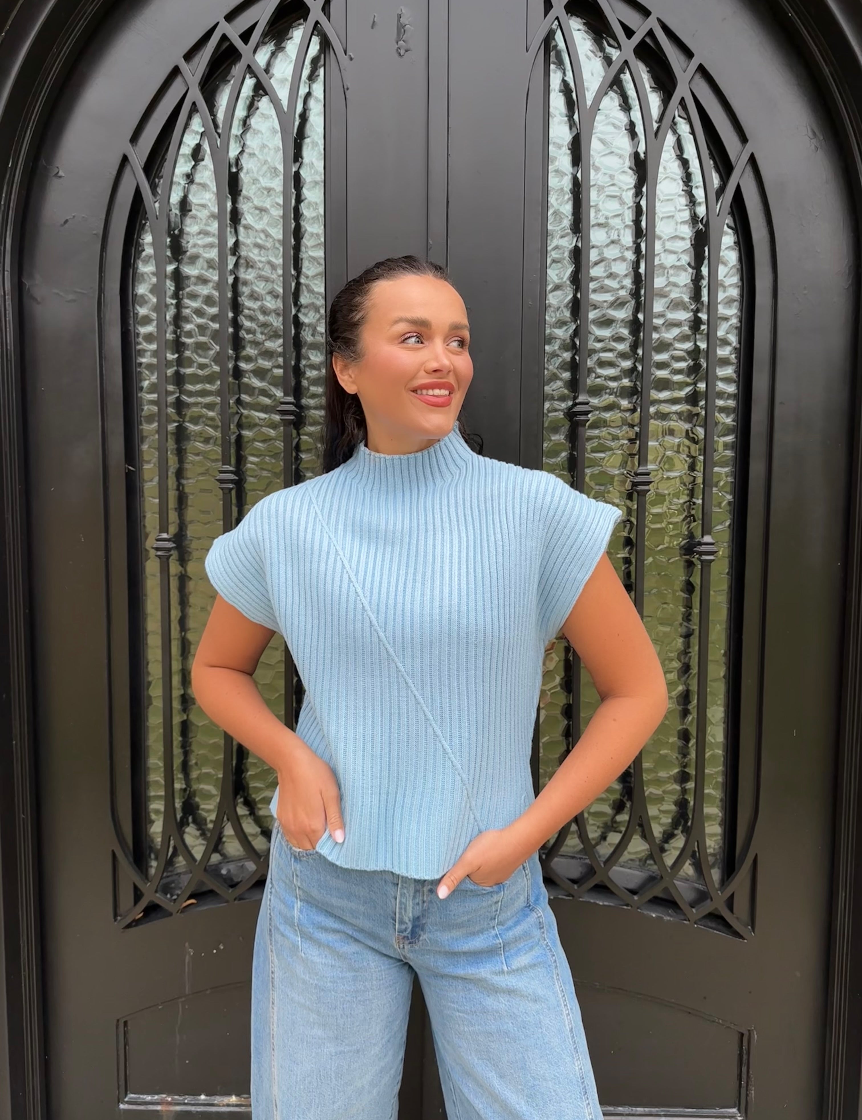 short sleeve ribbedblue sweater 