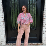 Rose Damask Print Balloon Sleeve Top