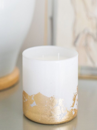2-Wick White and Gold Leaf Candle