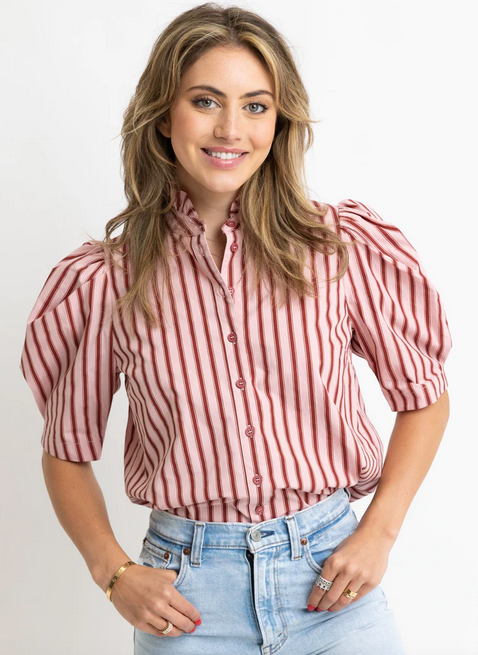 Karlie Stripe Puff Sleeve Ruffle Neck Top