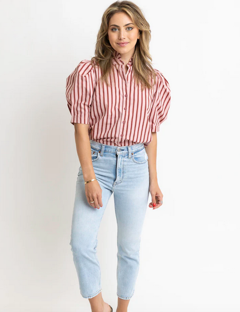 Karlie Stripe Puff Sleeve Ruffle Neck Top