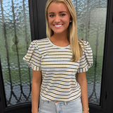Tristan Rond Neck Stripe Puff Sleeve Top in Blue