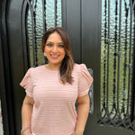 Round neck pink stripe puff sleeve top 