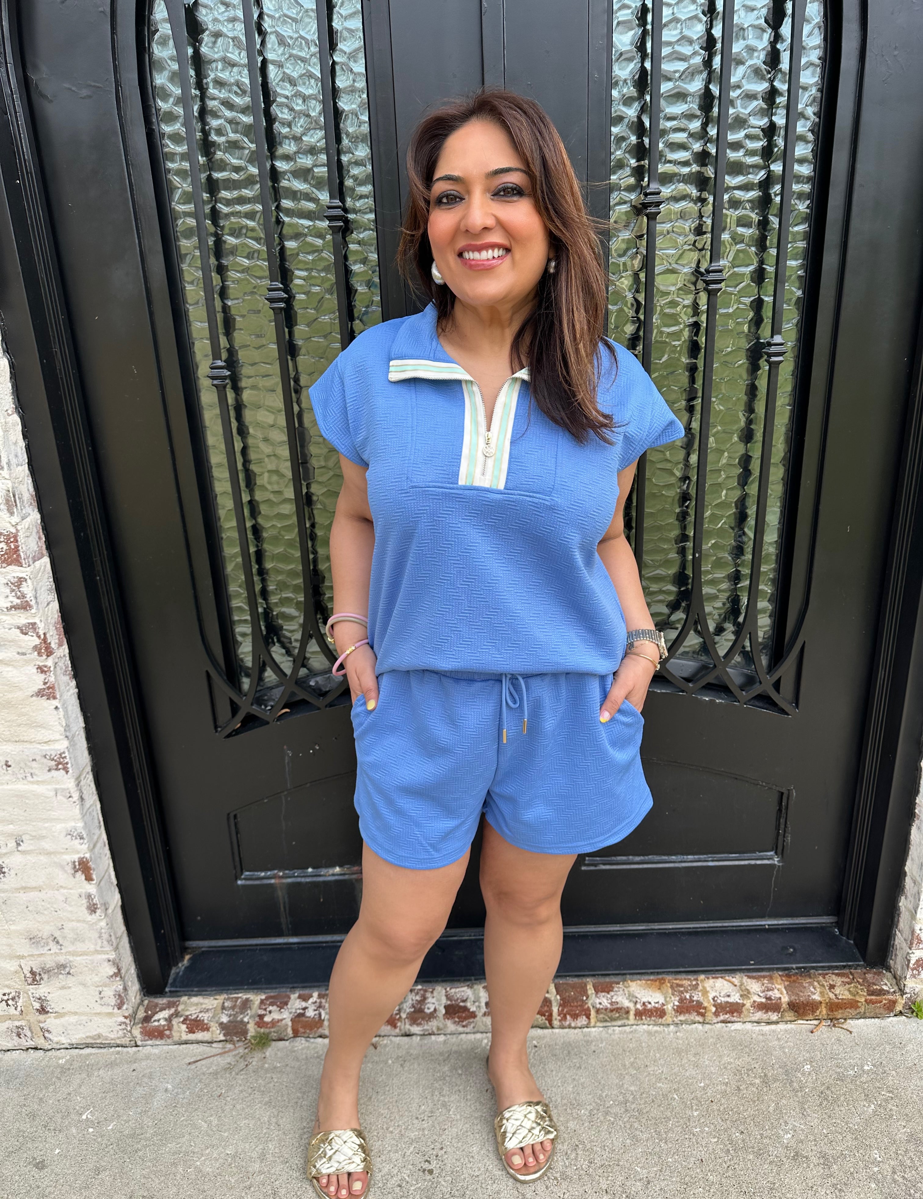 Porter Set in Blue shorts and short sleeve top 