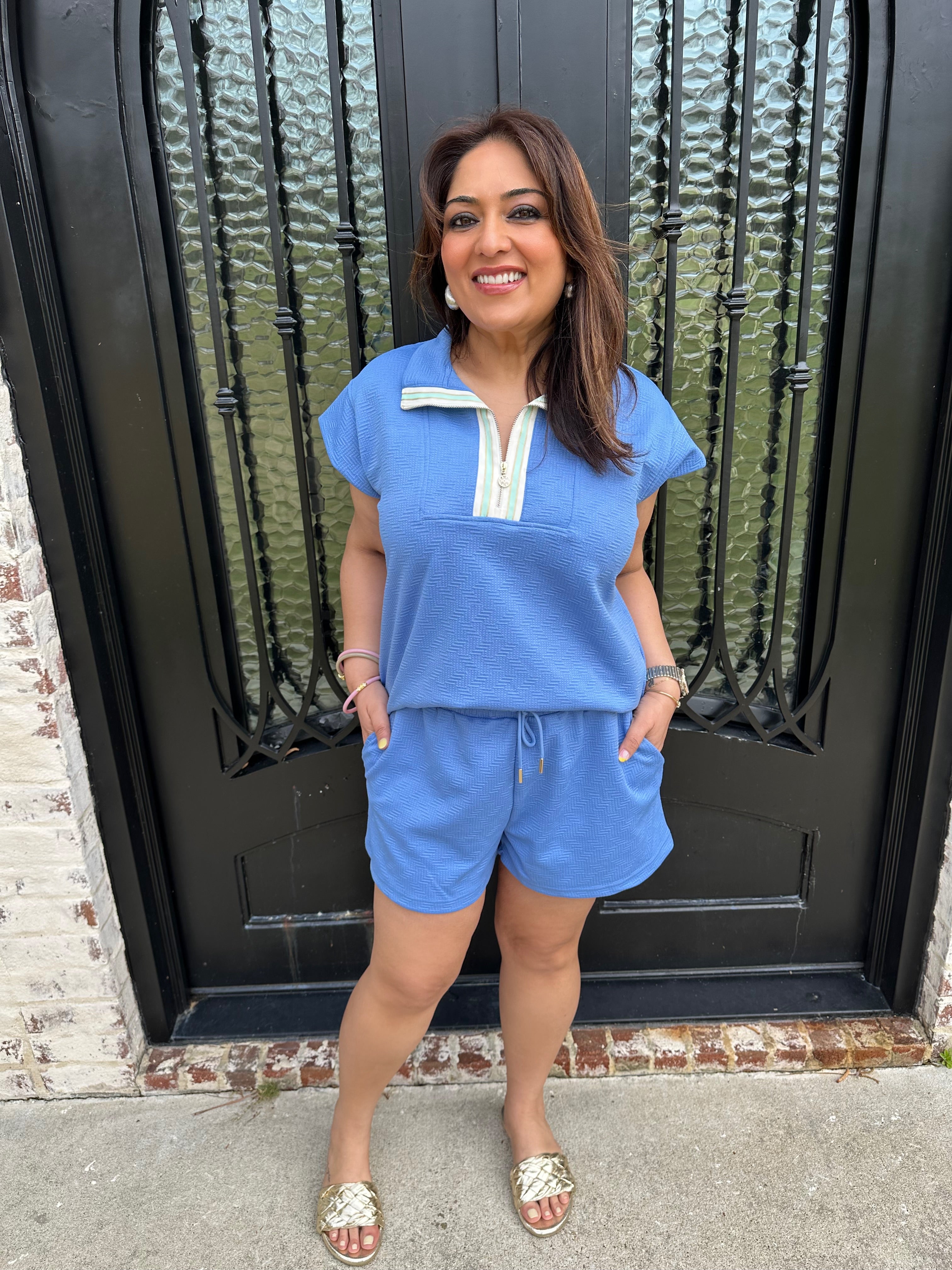 Porter Set in Blue shorts and short sleeve top 